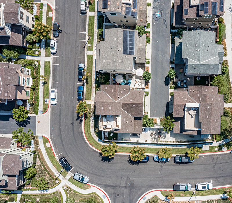 Top Down Aerial View of a Modern Suburban Neighborhood