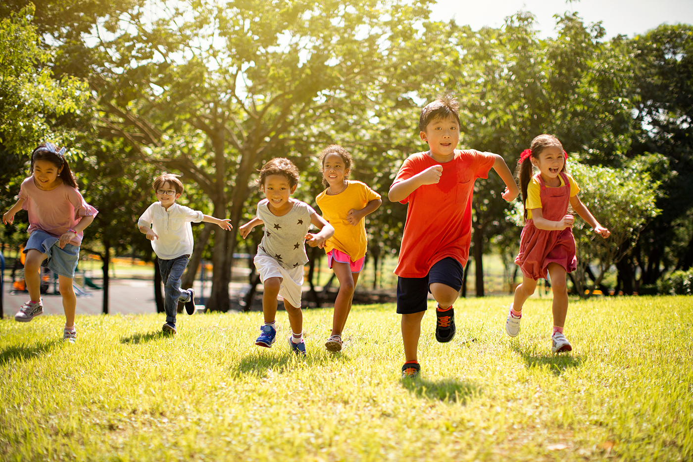 Children are at higher risk for health effects from exposure to pesticides than adults because their internal organs are still developing and maturing. Multi-ethnic group of school children laughing and running