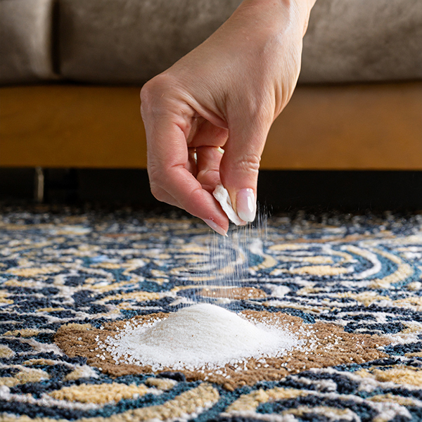 womans hand sprinkles a small amount of baking soda on a stained carpet 21706-SQ_600px