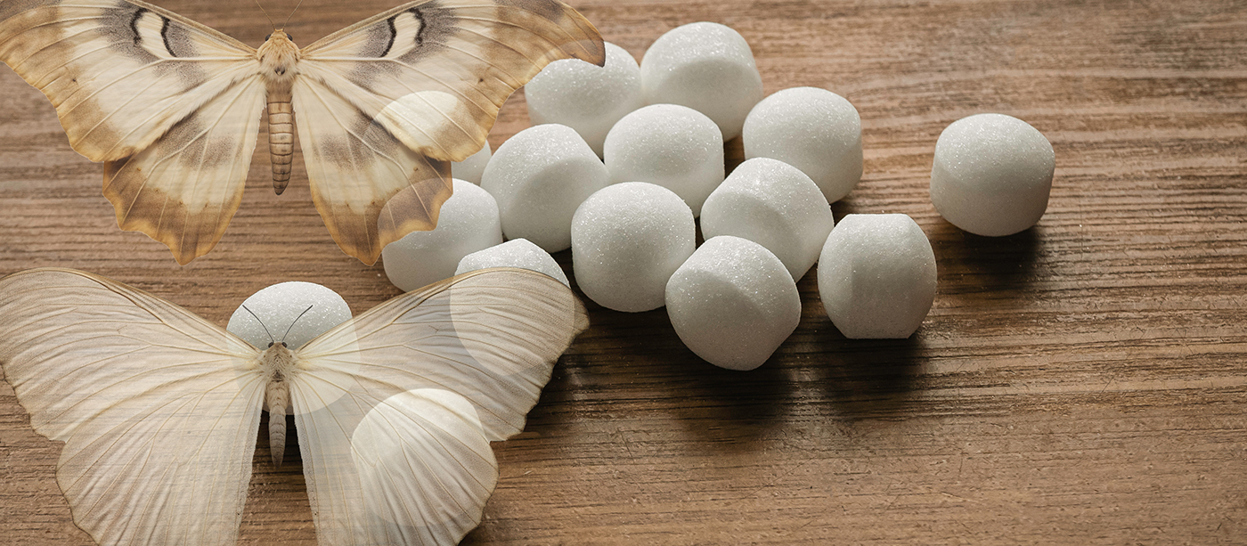 Naphthalene mothballs on wooden background.