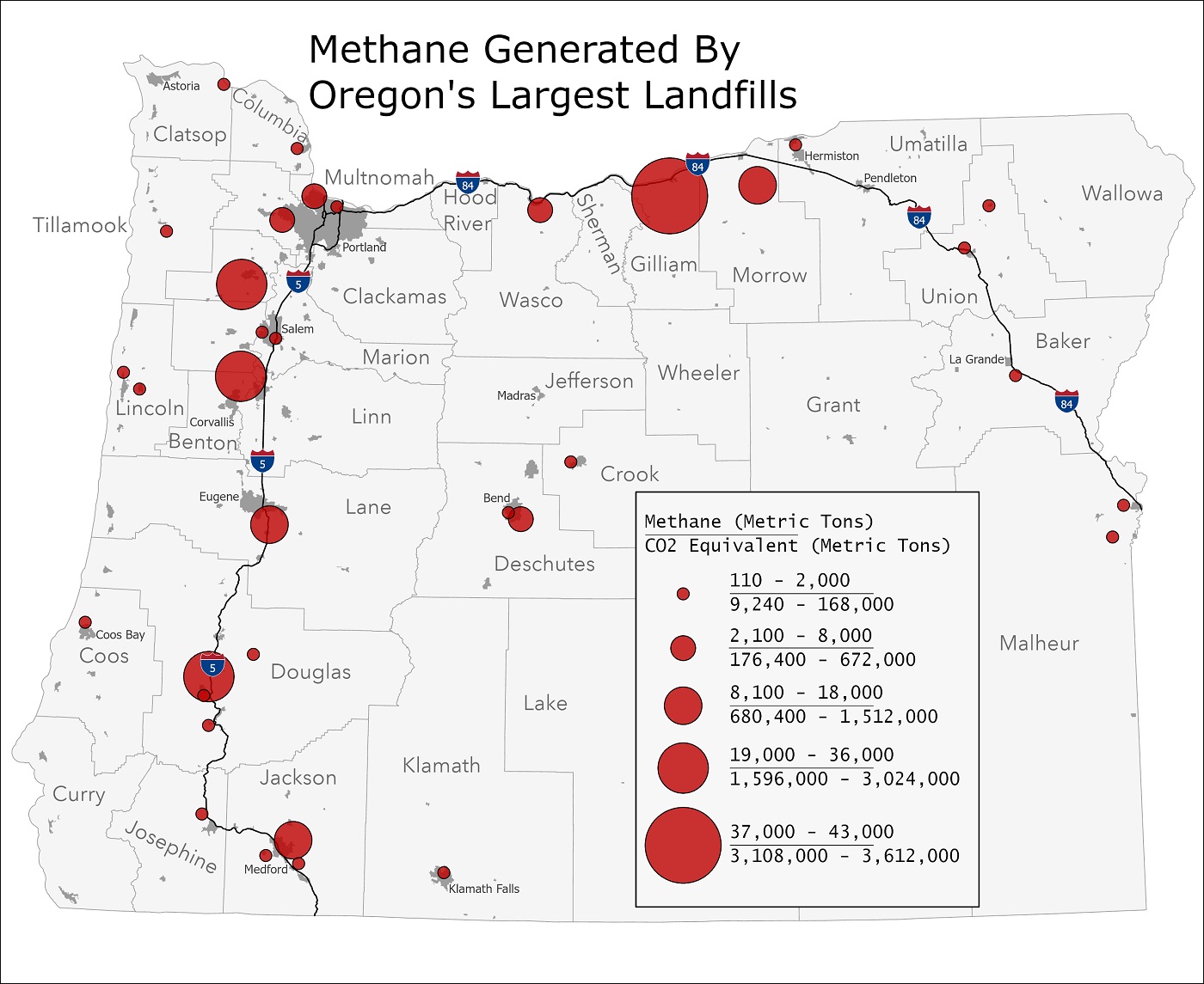 CLICK TO ENLARGE: map of methane generated by Oregon's largest landfills MethaneGenerated-by-OregonsLargestLandfills_2021_1400px
