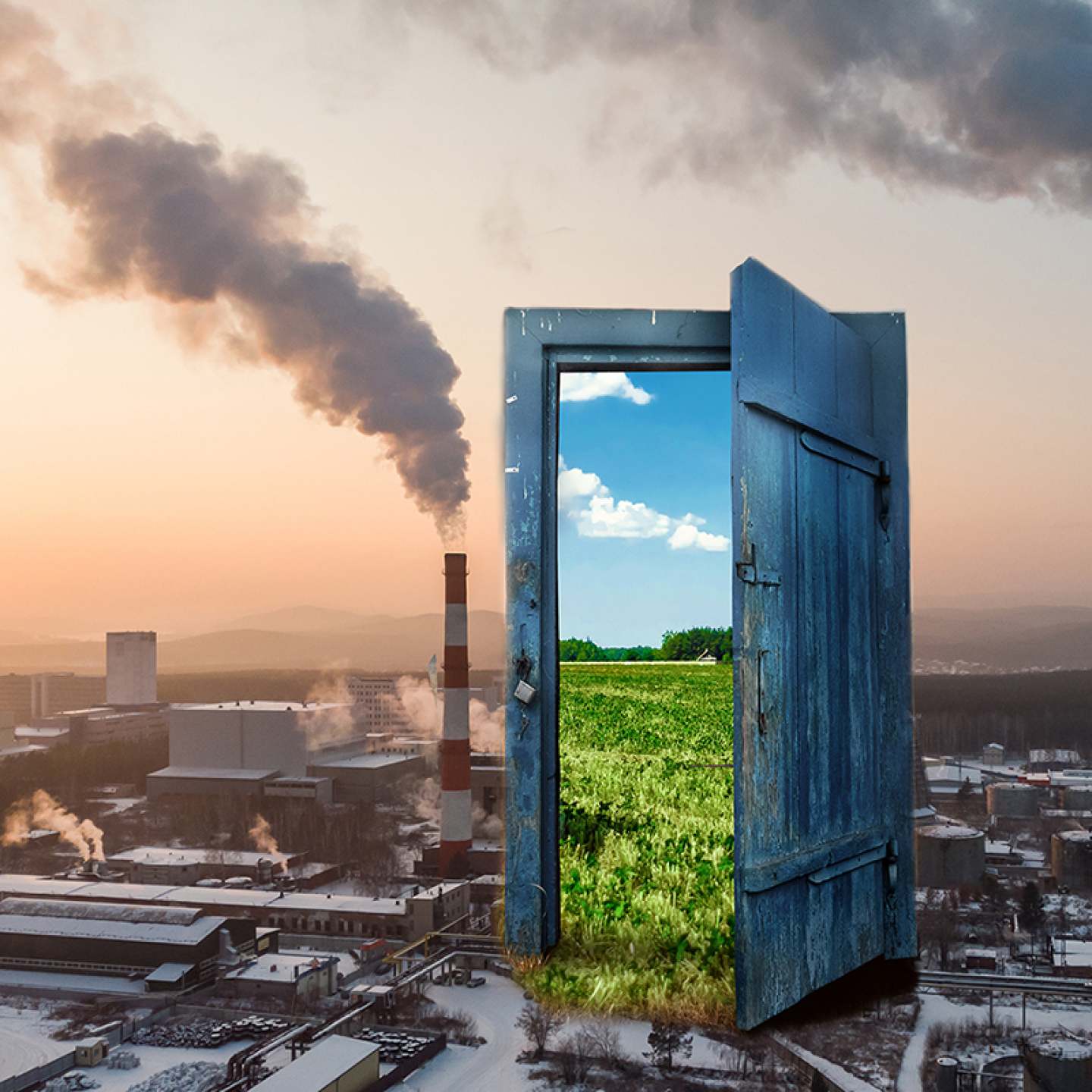 Creative background. Old wooden door, blue color, in the box. Transition to a different climate. The concept of climate change, portal, magic. Copy space.