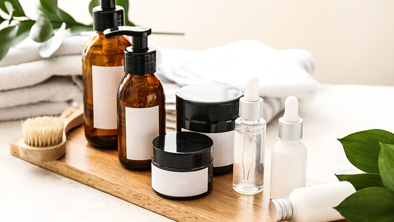 Set of cosmetics for personal hygiene on table